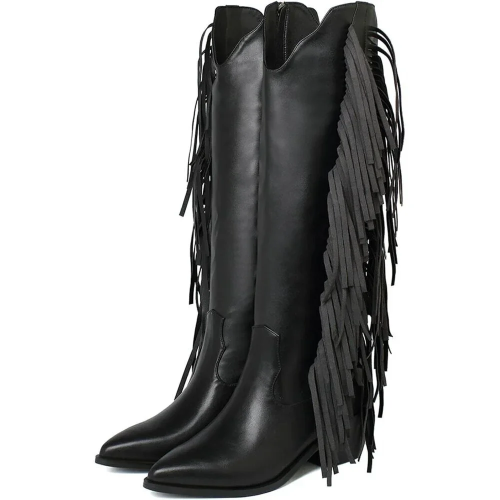 Women Black Synthetic Fringe Tassels Pointed Toe Knee High Western Cowgirl Boots